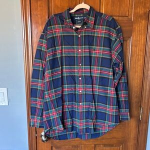 Ralph Lauren Men's Navy, Red, and Green Plaid Shirt Size Large